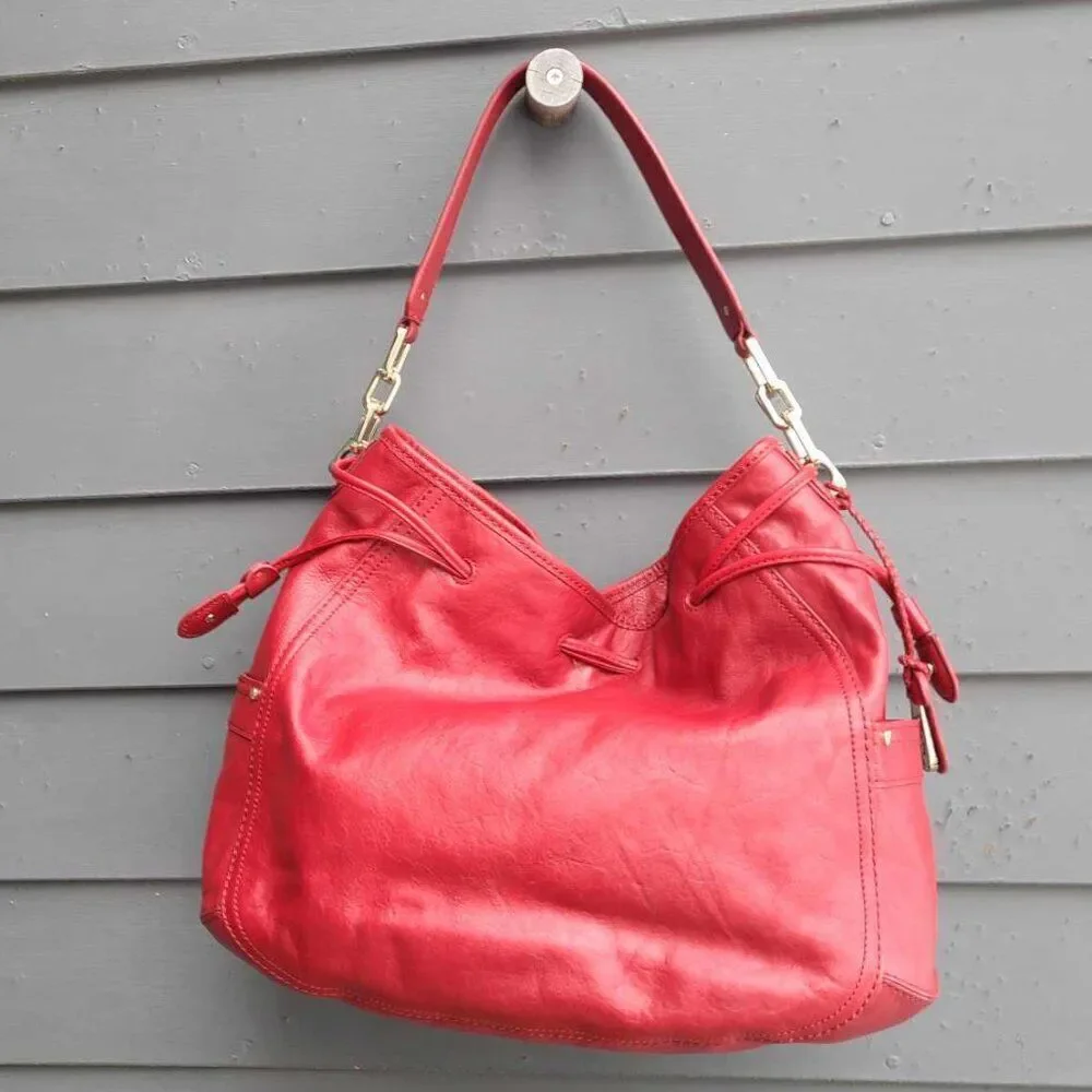 Cole Haan Red Leather Large Side Pull Drawstring Hobo Bag NWOT!